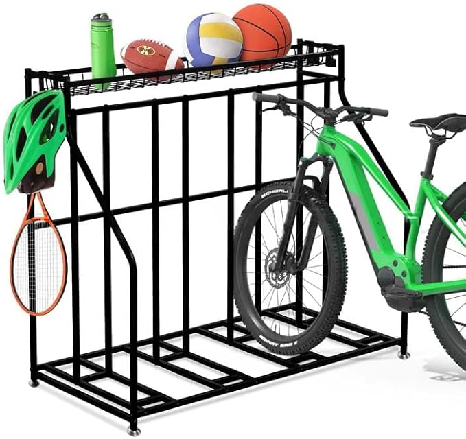 Kapler Bike Stand Rack - 4-Bicycle Floor Parking with Storage Basket & Anti-Slip Base for Garage Backyard Indoor & Outdoor Use - Fits Mountain Road & Hybrid Bikes
