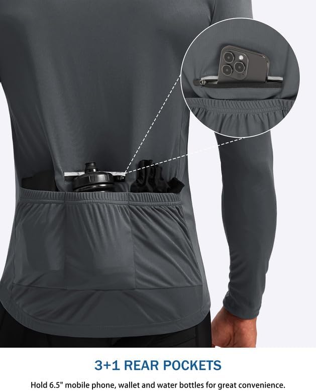 Bikewa Men's Cycling Jersey with 3+1 Rear Zipper Pockets Long Sleeve Moisture Wicking UPF 50+ Half Zip Riding Bike Shirts