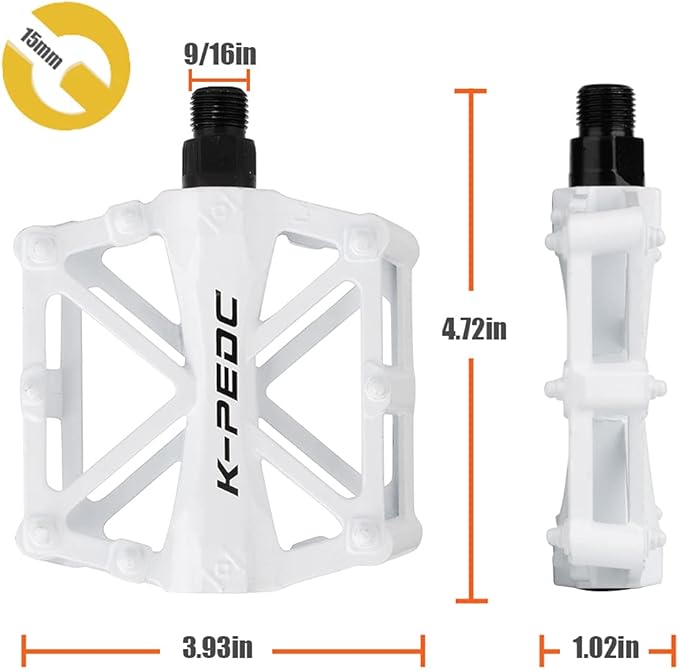 Aluminium CNC Bike Pedals 9/16", Lightweight Mountain Road Bike Pedal with 16 Anti-Skid Pins Bicycle Pedals for MTB BMX