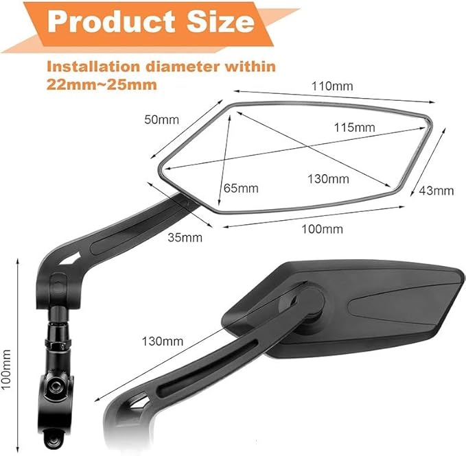 1 Pair Bike Mirror, Bike Mirrors Handlebar Mount View, Adjuatable Wide Angle RearView Mirror, 360° Adjustable Bicycle Rear View Mirror Accessories for Ebike Mountain Road Bike (Black)