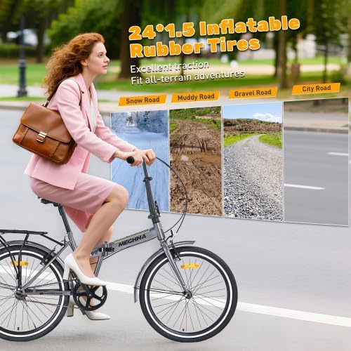 24 Inch Folding Bike for Adults with Fenders, Steel Frame Single Speed City Commuter, Dual V-Brake Portable Compact Bicycle for Men & Women