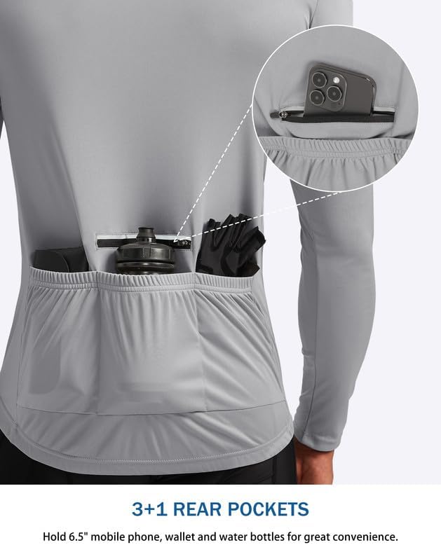 Bikewa Men's Cycling Jersey with 3+1 Rear Zipper Pockets Long Sleeve Moisture Wicking UPF 50+ Half Zip Riding Bike Shirts