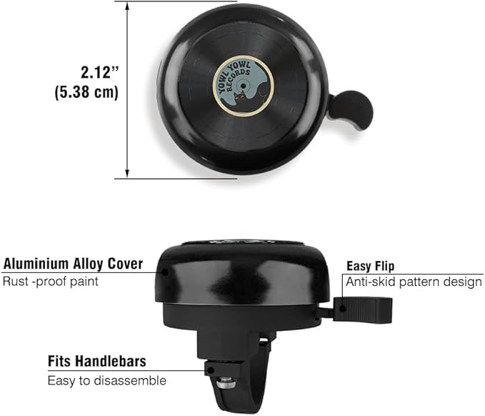 WIRESTER Black Aluminum Round Bike Bell, Classic Ring Bicycle Bell, Bike Accessories Bell Ring for Adults Kids Girls Boys - Dog Cat Animal Cute Records