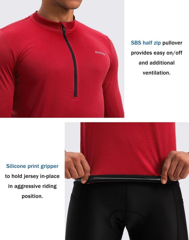 Bikewa Men's Cycling Jersey with 3+1 Rear Zipper Pockets Long Sleeve Moisture Wicking UPF 50+ Half Zip Riding Bike Shirts