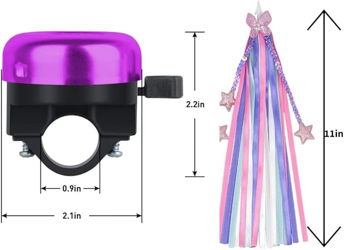 Kids Bike Bell with Streamers, Purple and Green, Unicorn and Dinosaur Theme, Bicycle Accessories