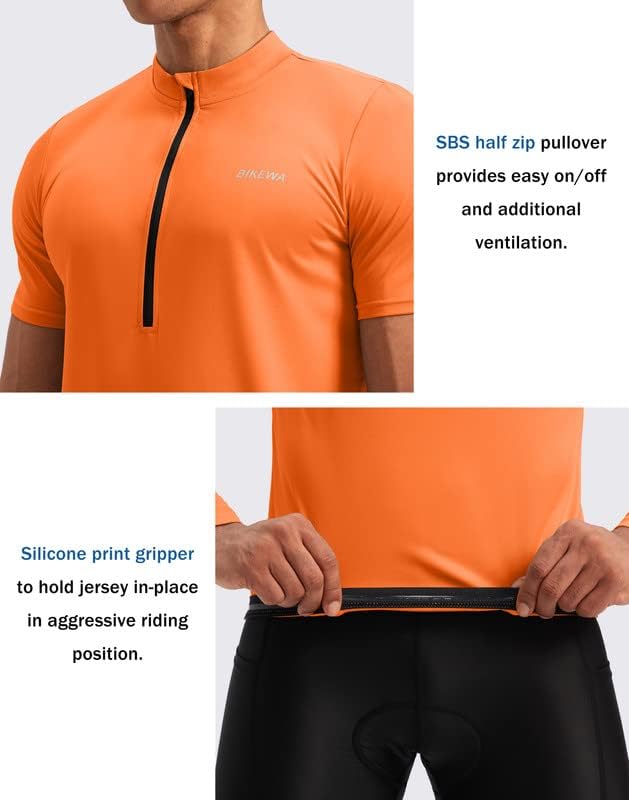 Bikewa Men's Cycling Jersey Moisture Wicking Short Sleeve UPF Half Zip Bike Road Riding Biking Shirts for Men Zipper Pockets