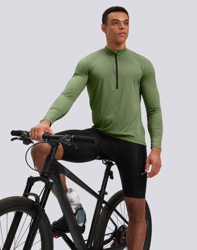 Bikewa Men's Cycling Jersey with 3+1 Rear Zipper Pockets Long Sleeve Moisture Wicking UPF 50+ Half Zip Riding Bike Shirts