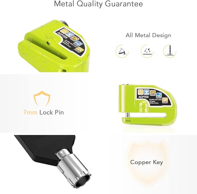 AGPTEK 110db Motorcycle Brake Lock with 5FT Reminder Cable, Anti-Theft Padlock Waterproof with Lock Pin Carrying Bag for Motorcycle Bike Scooter, Green