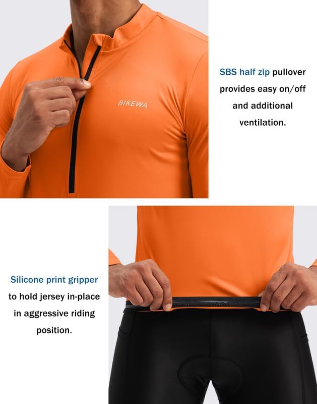 Bikewa Men's Cycling Jersey with 3+1 Rear Zipper Pockets Long Sleeve Moisture Wicking UPF 50+ Half Zip Riding Bike Shirts
