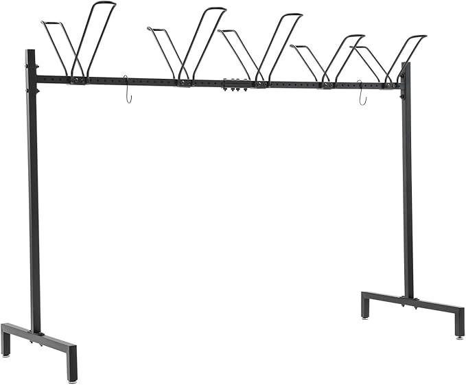 5-Slot Bike Floor Stand, Bicycle Parking Rack with Hooks Non-Skid Foot Pads and Complete Accessories, V-Shaped Brackets Freestanding Metal Bike Storage Organizer Rack 154 LBS Load Capacity