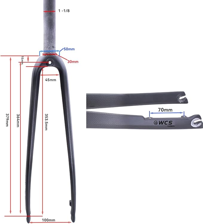 WCS 700C Carbon Road Bike Fork – 1-1/8” Straight Steerer, QR 9mm, Max 32C Flat Mount Disc (Light Gravel/Commuter)