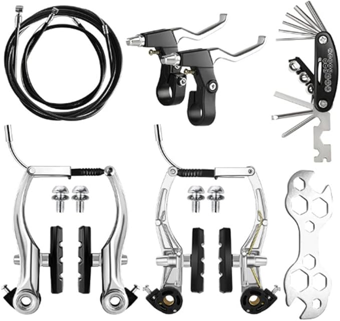 DISIWENE Complete V-Type Bike Brake Set, Front and Rear Bike MTB Brake Inner and Outer Cables and Lever Kit Includes Calipers Levers Cables (Silver-4Pcs)