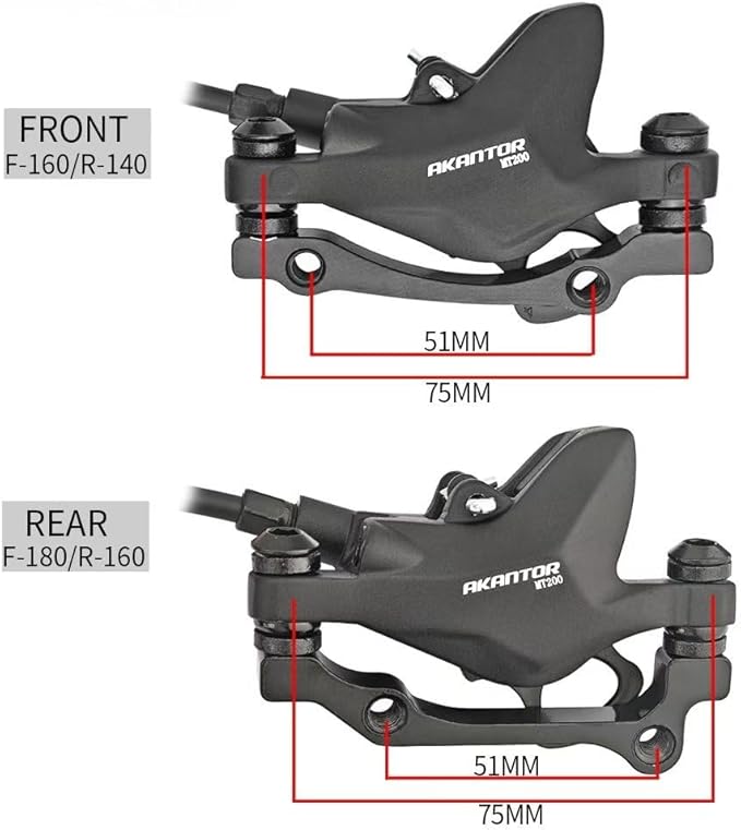 Akantor 1 Pair Mountain Bike Hydraulic Disc Brake Set，Right Front 850mm Left Rear 1450mm Hydraulic Brake Set with 160mm Rotors for Mountain Bike E-Bike Fat Bike Road Bike