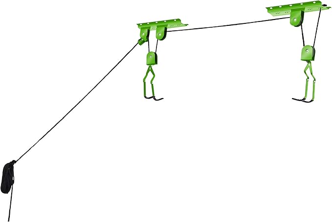 Bike Hanger Set - Set of 2 Overhead Pulley System Bike Hangers for Garage or Shed with 100lb Capacity for Bicycles or Ladders by Rad Sportz (Green)
