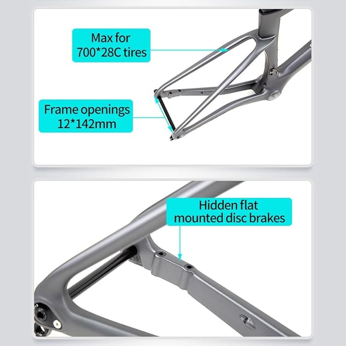 700C Road Bike Frameset 43.5/46/48/50/52/54/56CM Cyclocross Race Bike Frame Carbon Fiber Bike Frames Disc Brake Thru Axle F12×100mm R12×142mm(White,50CM)