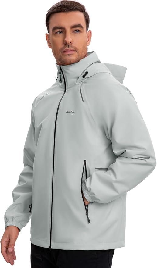 Men's Rain Jacket Waterproof Windproof Breathable for Hiking Cycling Commuting with Hood & Pockets