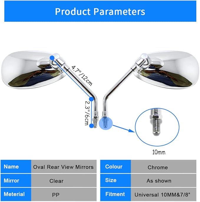 DREAMIZER Motorcycle Mirrors for Handlebars - 10mm Chrome Mirrors with Mount for Fury Shadow Rebel VTX Valkyrie Vstar Vulcan 900 Roadstar Scooter ATV - Oval