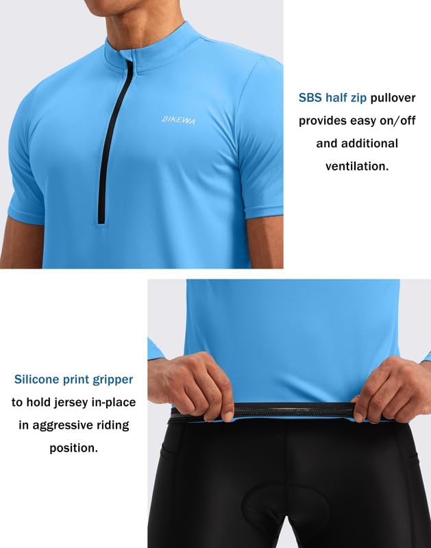 Bikewa Men's Cycling Jersey Moisture Wicking Short Sleeve UPF Half Zip Bike Road Riding Biking Shirts for Men Zipper Pockets