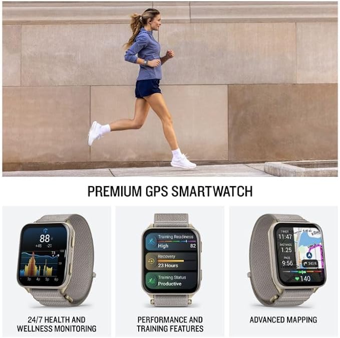 Wearable4U Garmin Venu X1 Thin and Lightweight GPS Smartwatch, AMOLED Display, Advanced Health & Fitness Features, Soft Gold w/Titanium Caseback & French Gray Nylon Band PowerBank Bundle