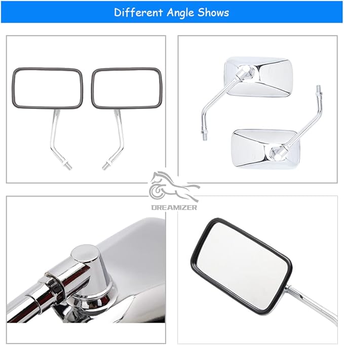 DREAMIZER Chrome 10MM Motorcycle Mirror with 8mm Adapter Compatible with Honda Rebel Shadow Spirit Aero Arrow 600 750 1100 VTX1800 Magna V Star Vulcan Intruder 800 - Rectangle