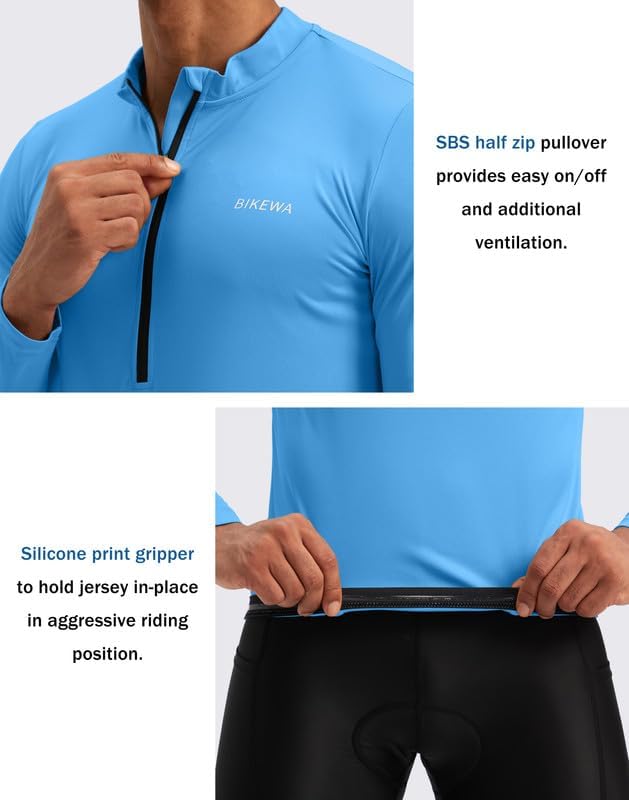 Bikewa Men's Cycling Jersey with 3+1 Rear Zipper Pockets Long Sleeve Moisture Wicking UPF 50+ Half Zip Riding Bike Shirts