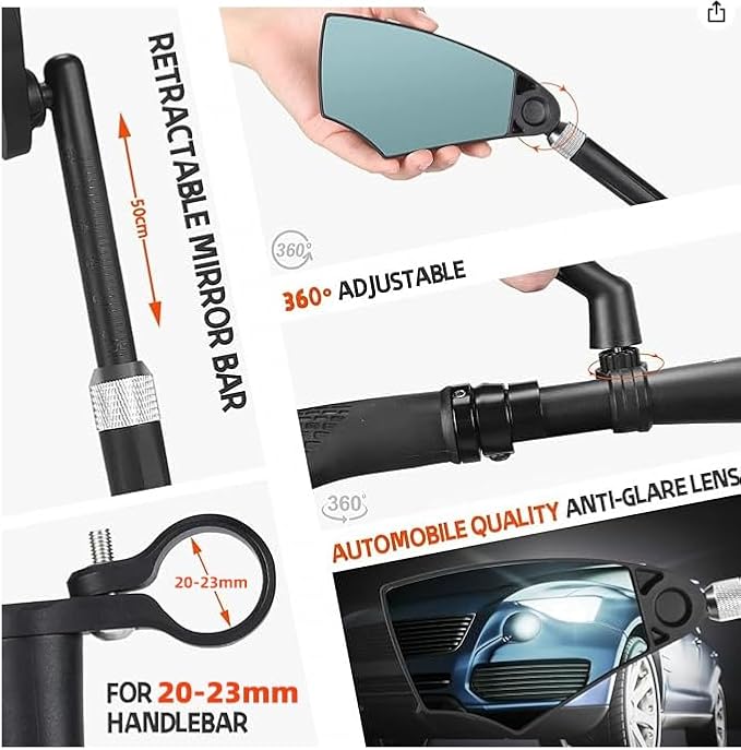 WEST BIKING Anti-Glare Handlebar Bike Mirror - Bike Rear View Mirror With Retractable & 360 ° Adjustable Lens, Foldable Bicycle Mirror For 20-23mm Handlebar（left）