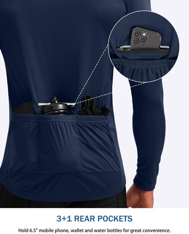 Bikewa Men's Cycling Jersey with 3+1 Rear Zipper Pockets Long Sleeve Moisture Wicking UPF 50+ Half Zip Riding Bike Shirts