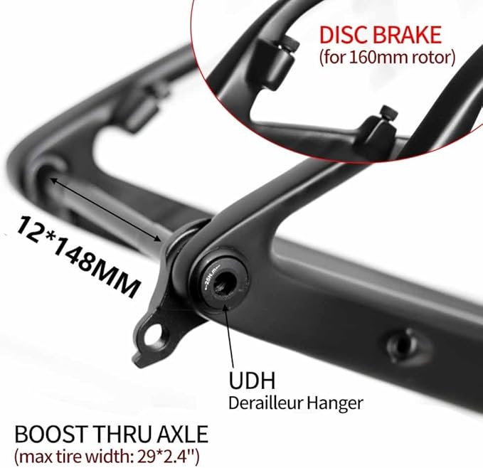 15/17/19in Carbon Fibre Cyclocross Frame 29er XC Hardtail Mountain Bike Boost Frame 12 * 148mm Thru-Axle, Press-in BB92mm Disc Brake, Internal Routing