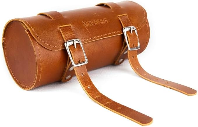 M RUFOUS Genuine Leather Under Seat Handlebar Bicycle Bag - Brown, Premium Handcrafted Bicycle Bag with Brass Buckle, Leather Bag for Cell Phone (Free Waterproof Cover)