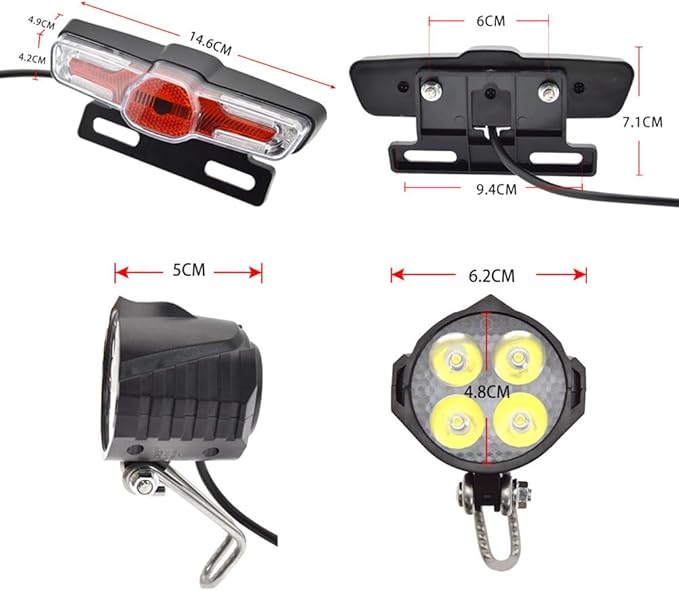 Ebike Headlight and Tail Light Sets, LED Night Spotlight Cycling Modification Parts, 48V/36V Front Rear Warning Lights Kit with E-Bike Headlight Turn Signal Rear Light, 12V-72V Switch 24-48V