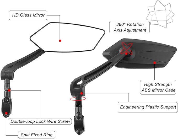 AtfArt 2 Pcs Bike Mirror Handlebar Mount HD Bike Rear View Mirror Bicycle Mirrors for Handlebars Adjustable Rotatable Bike Mirrors Ride Safely for Ebike Moped electric Bike Accessories(2 Pack)
