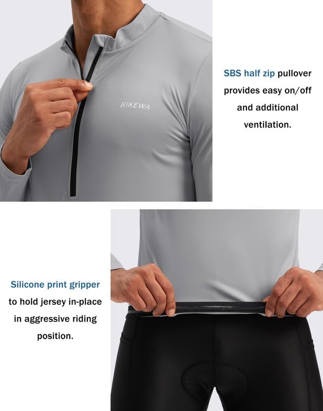 Bikewa Men's Cycling Jersey with 3+1 Rear Zipper Pockets Long Sleeve Moisture Wicking UPF 50+ Half Zip Riding Bike Shirts