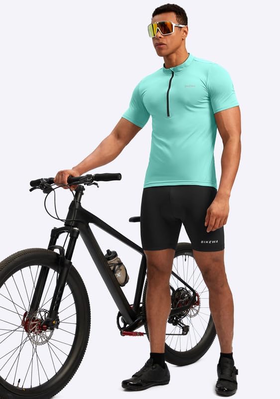 Bikewa Men's Cycling Jersey Moisture Wicking Short Sleeve UPF Half Zip Bike Road Riding Biking Shirts for Men Zipper Pockets