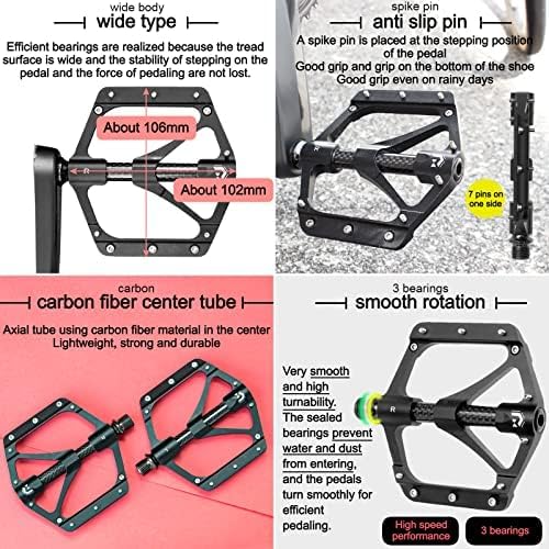 GORIX Bike Flat Pedals Wide CNC 3 Bbearings Carbon Fiber Center Tube Lightweight with Non-Slip Pin Spike Road Mountain MTB Bicycle (GX-FX356)