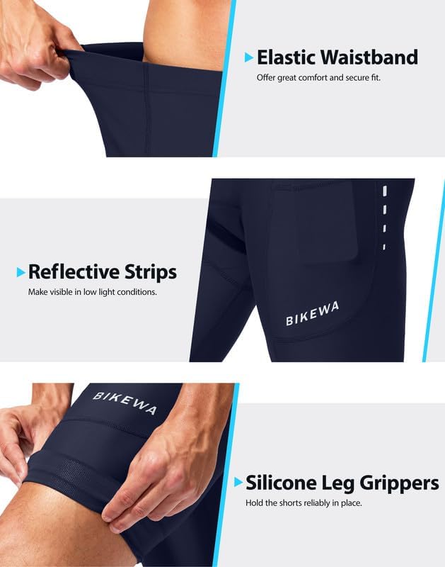 Bikewa Padded Bike Shorts for Men 4D Cycling Road Riding Biking Padding Bicycle Shorts with Phone Pockets