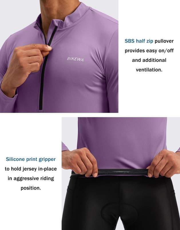 Bikewa Men's Cycling Jersey with 3+1 Rear Zipper Pockets Long Sleeve Moisture Wicking UPF 50+ Half Zip Riding Bike Shirts