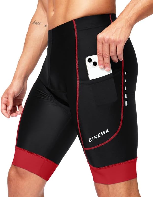 Bikewa Padded Bike Shorts for Men 4D Cycling Road Riding Biking Padding Bicycle Shorts with Phone Pockets
