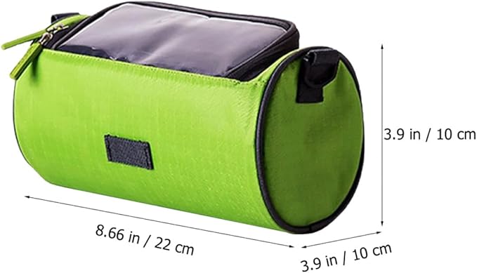 Bike Handlebar Cylinder Pouch Waterproof Front Frame Cellphone Bag with Touchscreen for Mountain Bikes, Portable Cycling Storage in Green