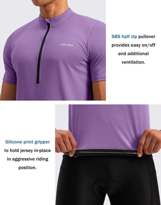 Bikewa Men's Cycling Jersey Moisture Wicking Short Sleeve UPF Half Zip Bike Road Riding Biking Shirts for Men Zipper Pockets