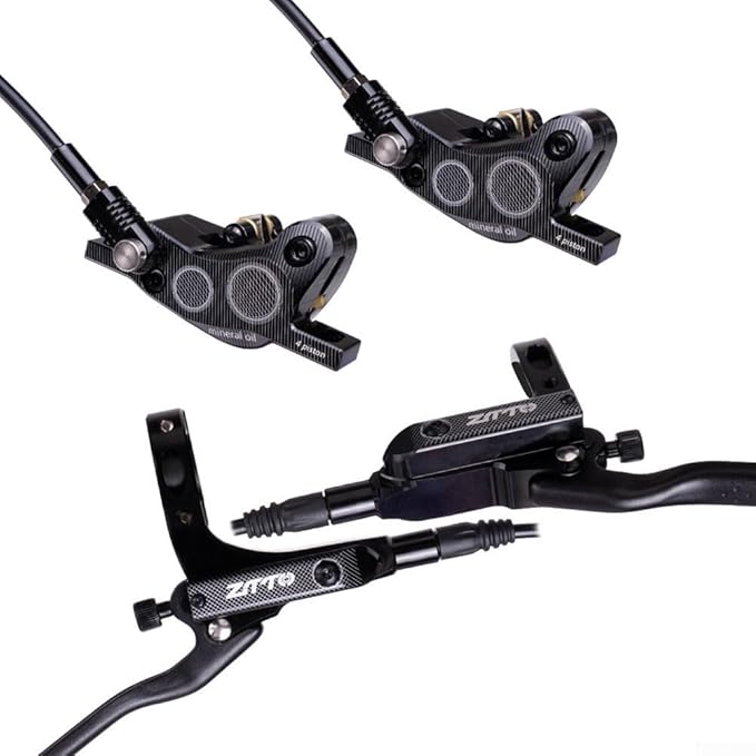 Bicycle Hydraulic Disc Brake Set with Four-Piston Calipers and Aluminum Alloy Construction for Mountain Bike Off-Road and Urban Riding Front/Rear Hose Included(Purple)