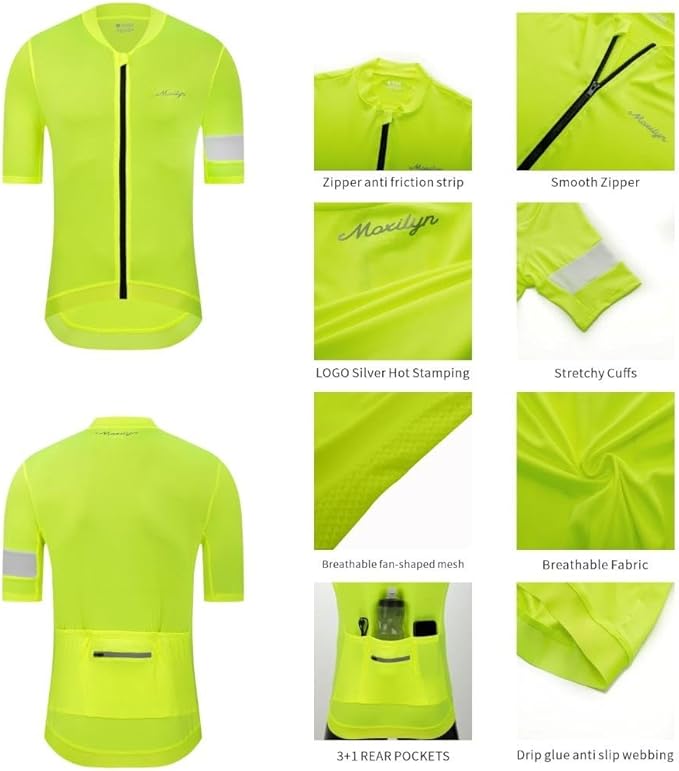MOXILYN Men's Cycling Jerseys Road Bike Shirts Short Sleeve Full Zipper with 4 Pockets Reflective Widen Anti Slip Hem