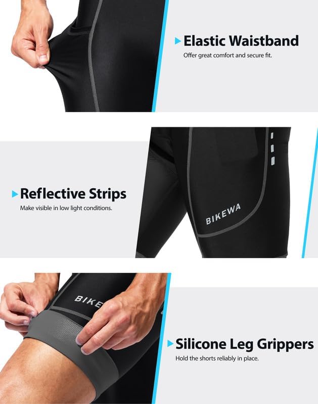 Bikewa Padded Bike Shorts for Men 4D Cycling Road Riding Biking Padding Bicycle Shorts with Phone Pockets