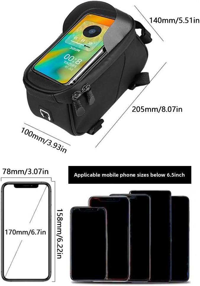 Bike Frame Bag Waterproof - Top Tube Frame Pouch, Cycling Pouch with Rain Cover, Fits Up to 6.5" Touchscreen Window, Storage Straps (black)