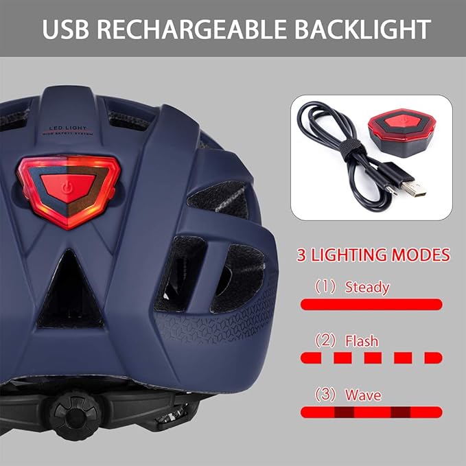 Adult-Men-Women Bike Helmet with Light - Mountain Road Bicycle Helmet with Replacement Pads & Detachable Visor