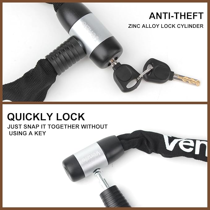 Venzio Heavy Duty Bike Chain Lock, 6mm Steel Security Chain with 2 Keys, 4FT (1200mm) Anti-Theft Bicycle Lock, Waterproof Sleeve and Zinc Alloy Cylinder for Bike, E-Bike, Scooter, Door, Fence