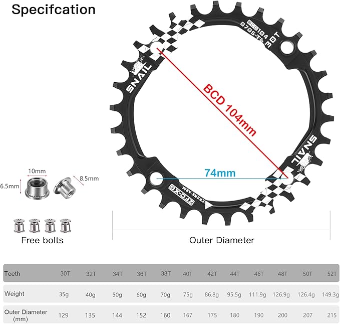 CYSKY 104 BCD Chainring 30T to 52T Narrow Wide Chainring with Sprocket Bolts for 1x Set-up Road Bike Mountain Bike BMX MTB Gravel Ebike