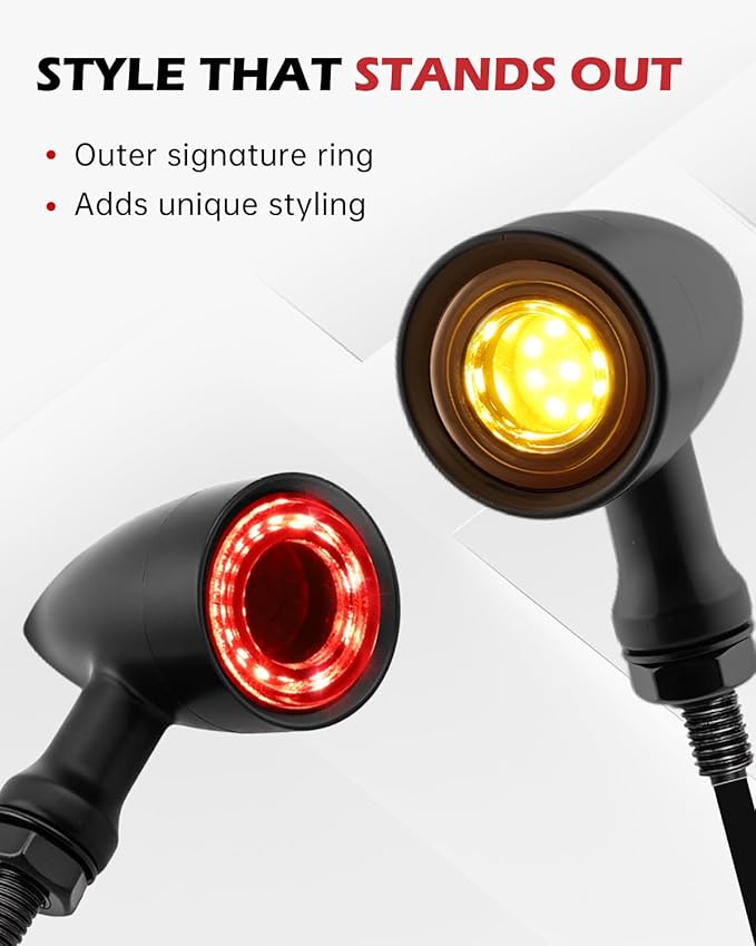 Rear Motorcycle LED Turn Signals with Integrated Brake Stop Light, 3-in-1 Running & Blinker Lamps Indicators for Cruiser Chopper Bobber Street Bike (Black-Red and Amber Light)