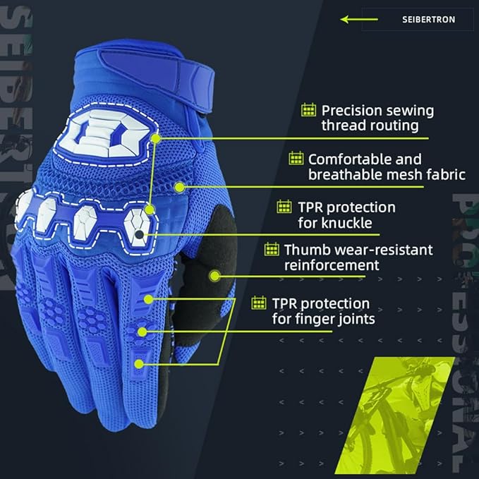Seibertron Unisex BMX MX ATV MTB Racing Mountain Bike Bicycle Cycling Off-Road/Dirt Bike Gloves Road Racing Motorcycle Motocross Sports Gloves Touch Recognition Full Finger Glove