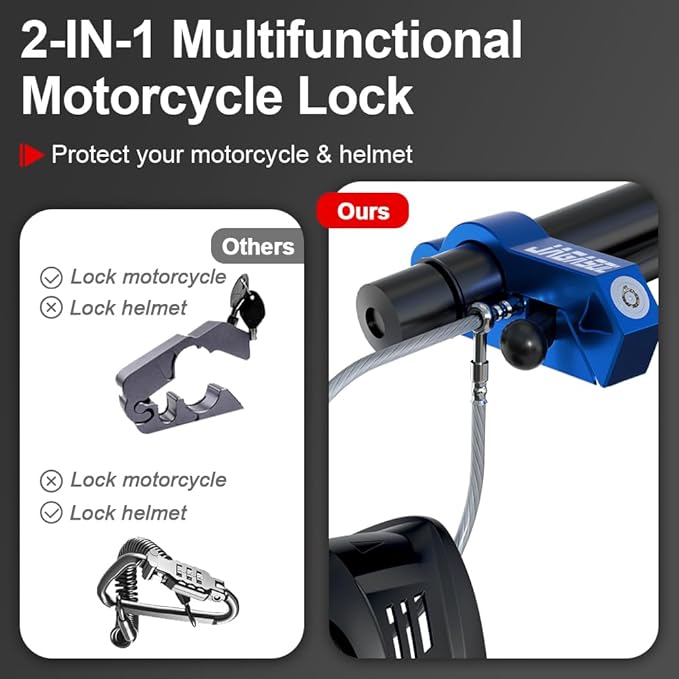 Motorcycle Lock & Helmet Lock Combo, Anti Theft Handlebar Lock, Max 1.5'', Blue