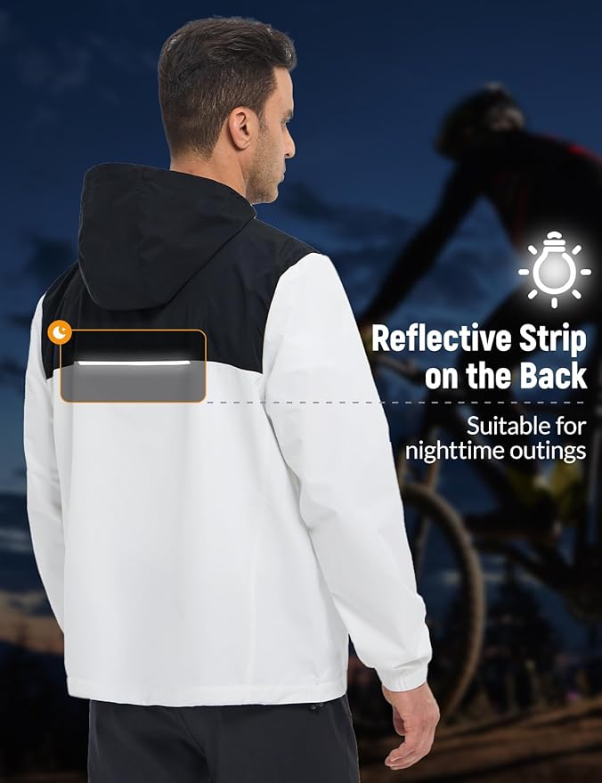baleaf Men's Rain Jacket Water Resistant Hiking Windbreaker Packable Running Golf Gear Hood Raincoat Reflective